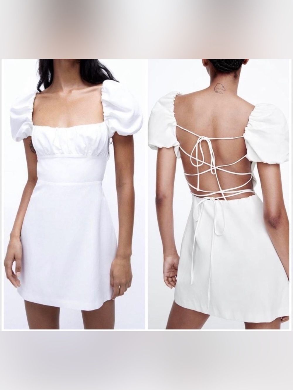 Zara White Linen Cotton Blend Backless Mini Dress Puff Sleeve, Size Small